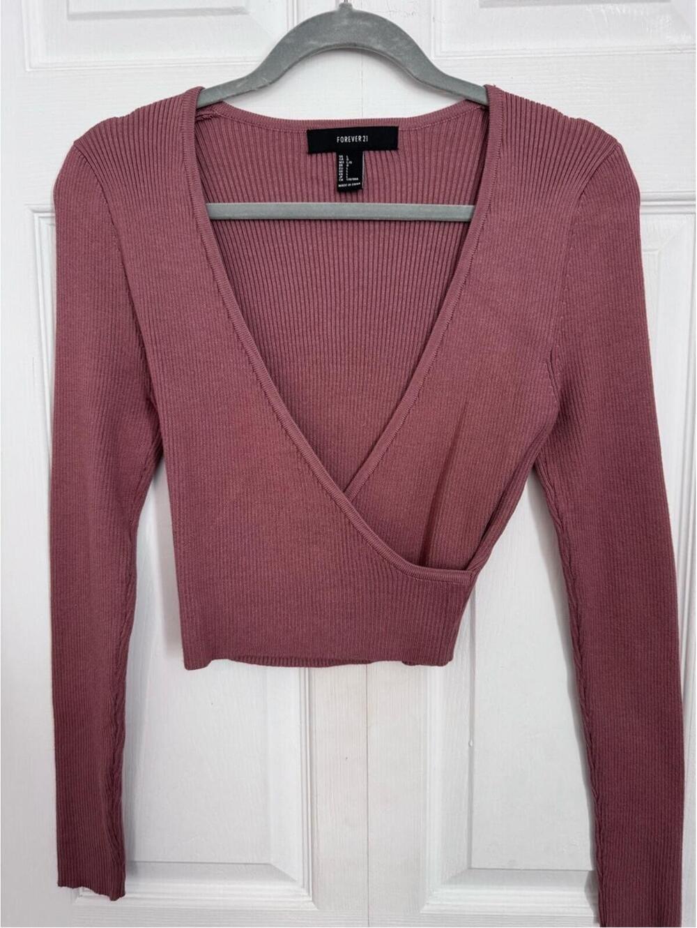 Forever 21 Dusty Rose Ribbed Wrap Long Sleeve Crop Top